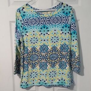 Caribbean Joe Teal and Yellow Geometric Long Sleeve Top
